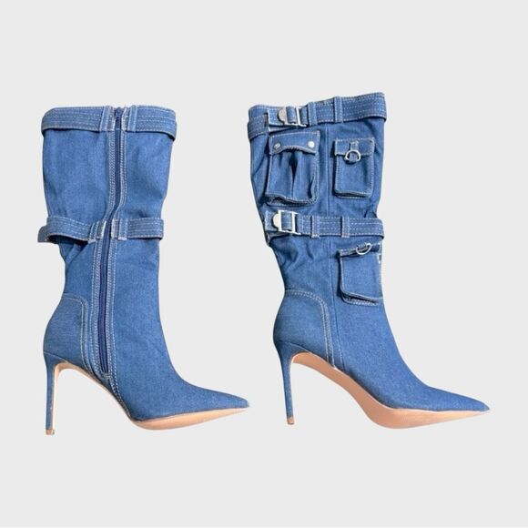 Rouge! Blue Denim Heeled Boots with Stiletto Heel Women’s Size 8.5 - Picture 2 of 14